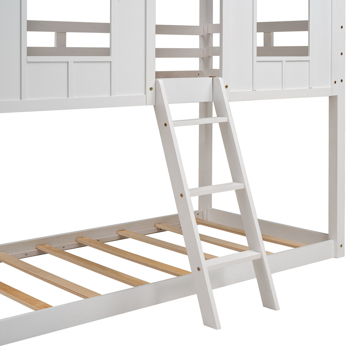 Twin over Twin Size Low Bunk Beds with Roof and Fence-shaped Guardrail, White - Home Elegance USA