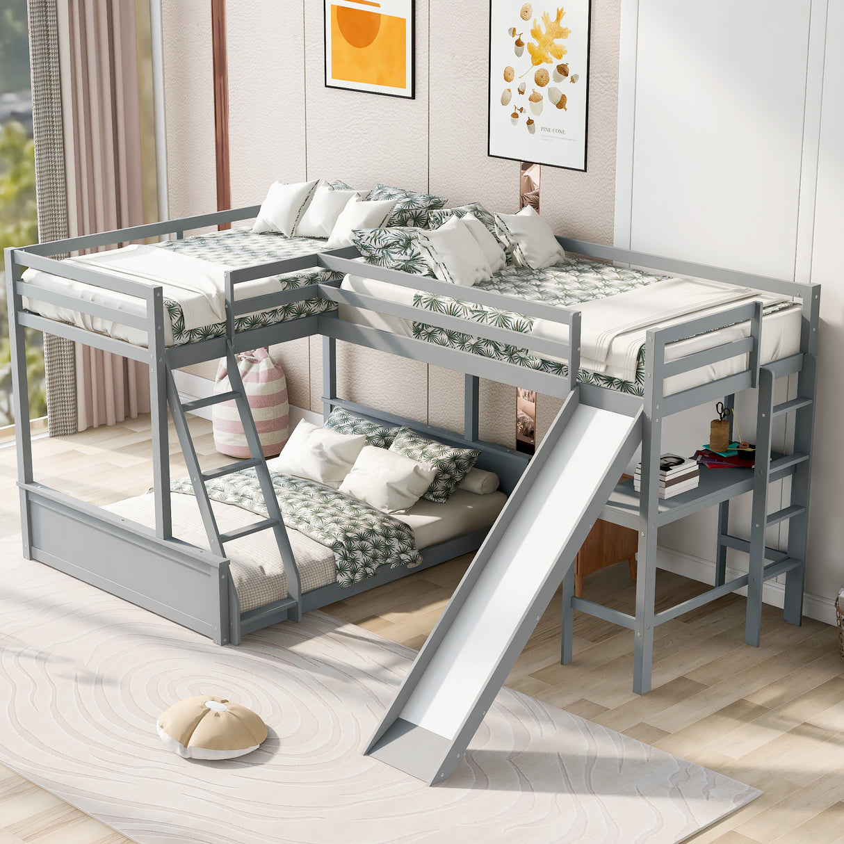 Twin over Full Bunk Bed with Twin Size Loft Bed with Desk and Slide,Full-Length Guardrail, Gray - Home Elegance USA