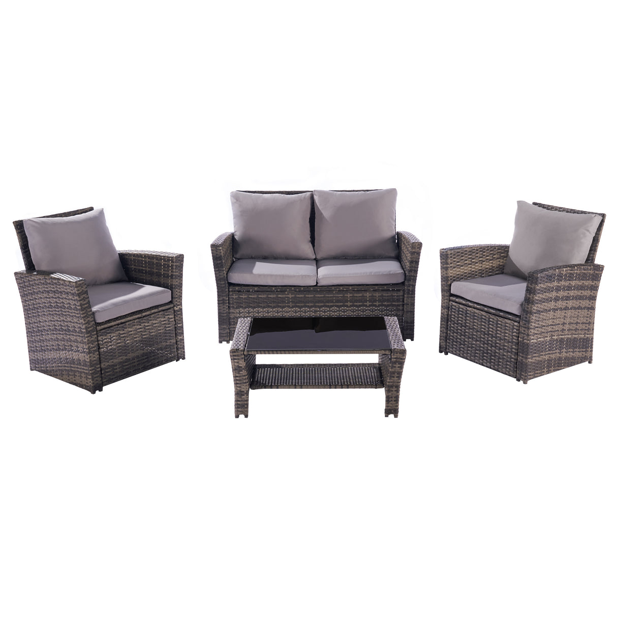 4 Pieces Outdoor Patio Furniture Sets Garden Rattan Chair Wicker Set, Poolside Lawn Chairs with Tempered Glass Coffee Table Porch Furniture