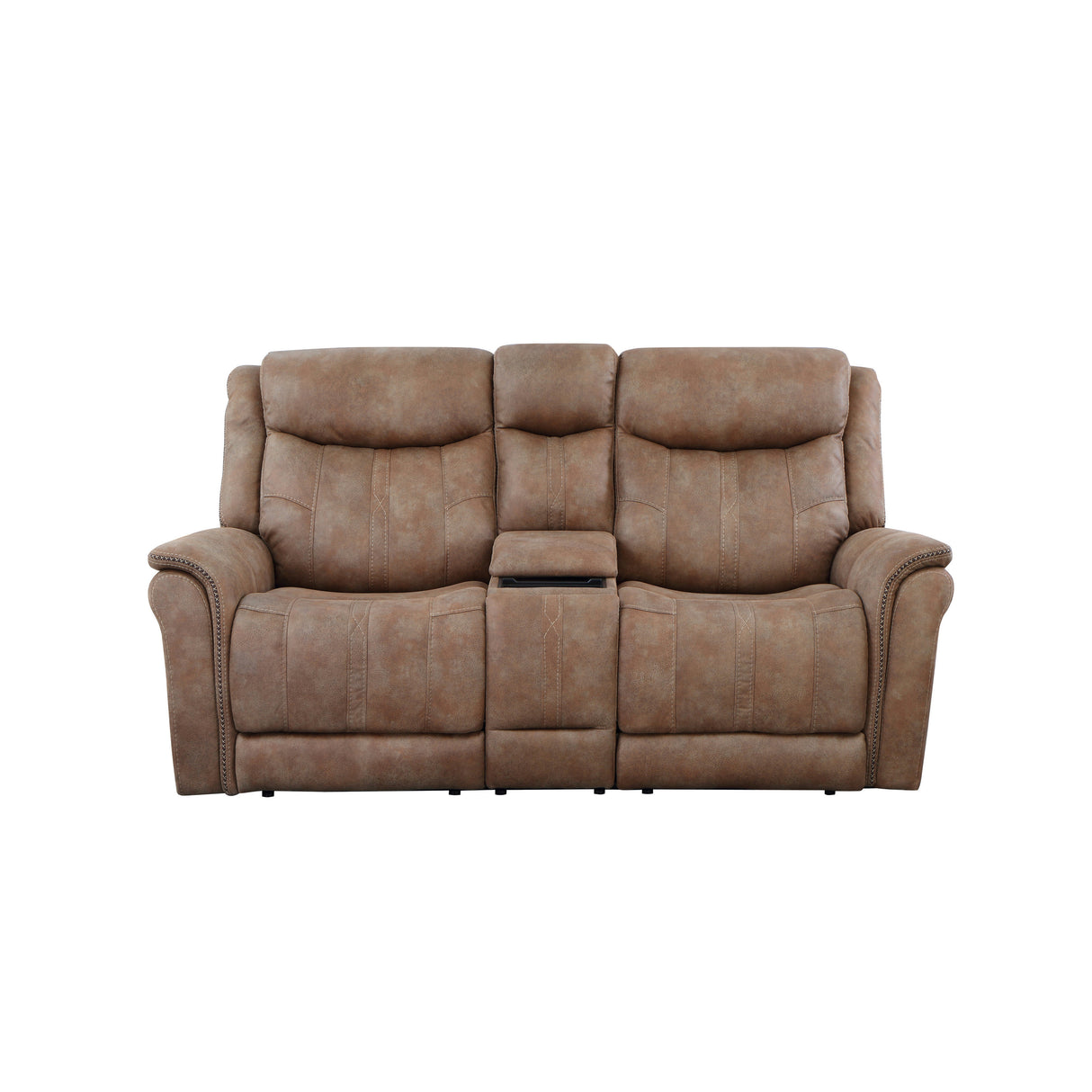 Transitional Console Loveseat - Warm Camel Faux-Suede, Power Footrest, Power Headrest - Concealed Cupholders, Built-In Console Home Elegance USA