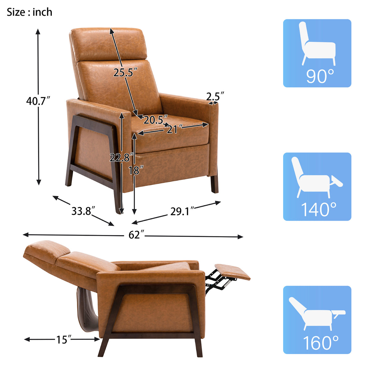 Set of Two Wood-Framed PU Leather Recliner Chair Adjustable Home Theater Seating with Thick Seat Cushion and Backrest Modern Living Room Recliners, Brown - Home Elegance USA
