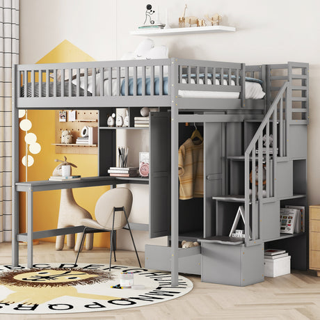 Full size Loft Bed with Bookshelf,Drawers,Desk,and Wardrobe-Gray - Home Elegance USA