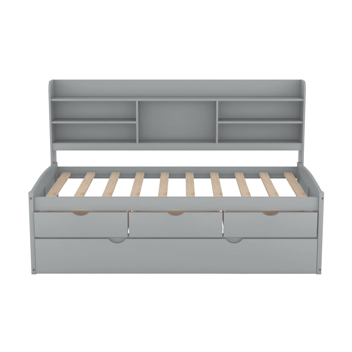 Twin Size Wooden Captain Bed with Built-in Bookshelves,Three Storage Drawers and Trundle,Light Grey - Home Elegance USA