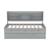 Twin Size Wooden Captain Bed with Built-in Bookshelves,Three Storage Drawers and Trundle,Light Grey - Home Elegance USA