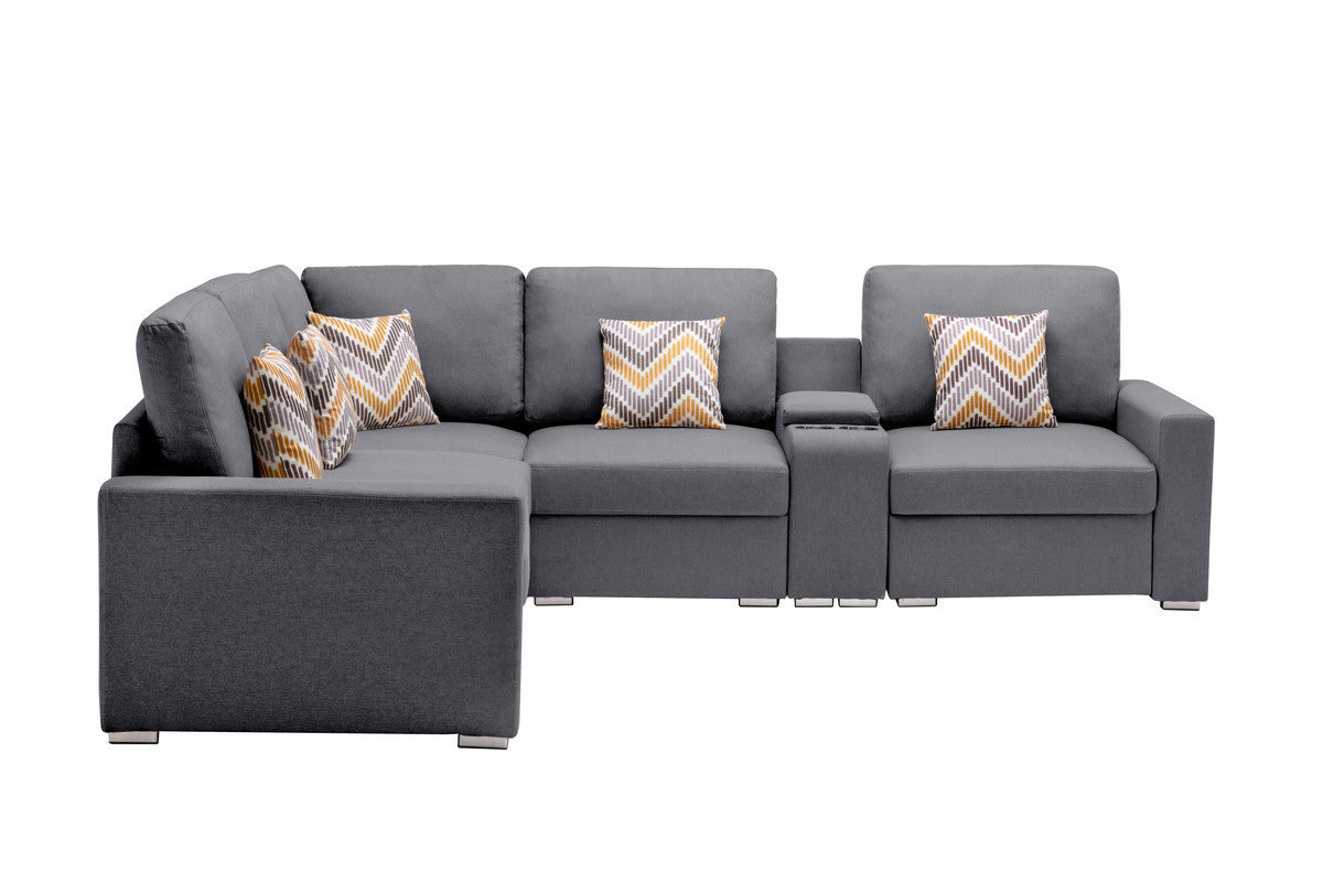 Nolan Gray Linen Fabric 6Pc Reversible Sectional Sofa with a USB, Charging Ports, Cupholders, Storage Console Table and Pillows and Interchangeable Legs - Home Elegance USA