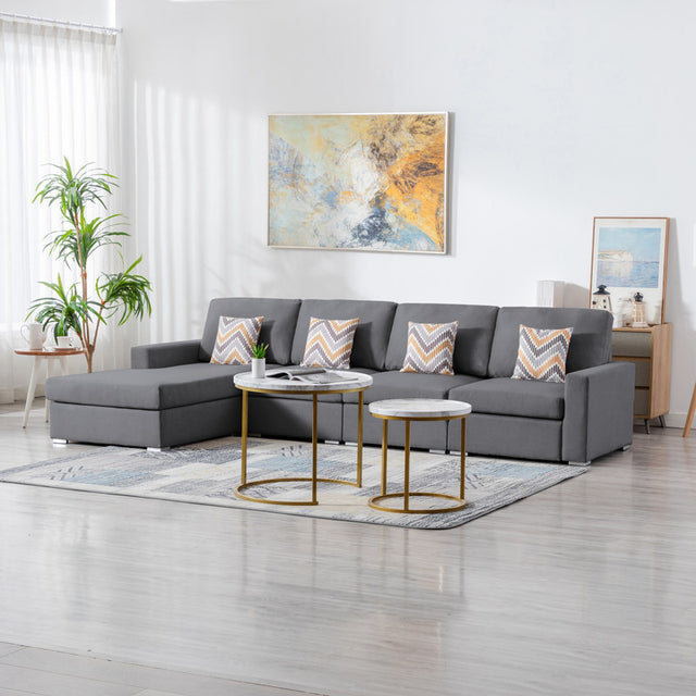 Nolan Gray Linen Fabric 4Pc Reversible Sectional Sofa Chaise with Pillows and Interchangeable Legs - Home Elegance USA