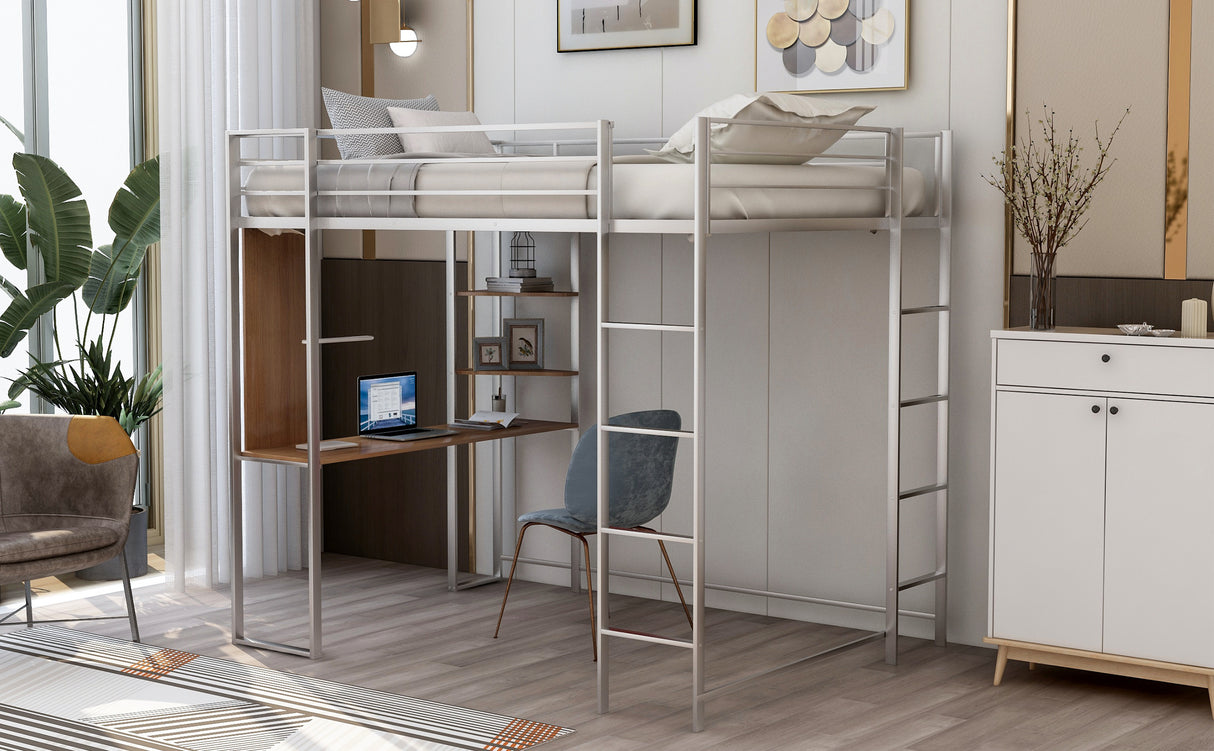 Full Size Metal Loft Bed with 2 Shelves and one Desk ,Silver (Old SKU: LP000091AAN )