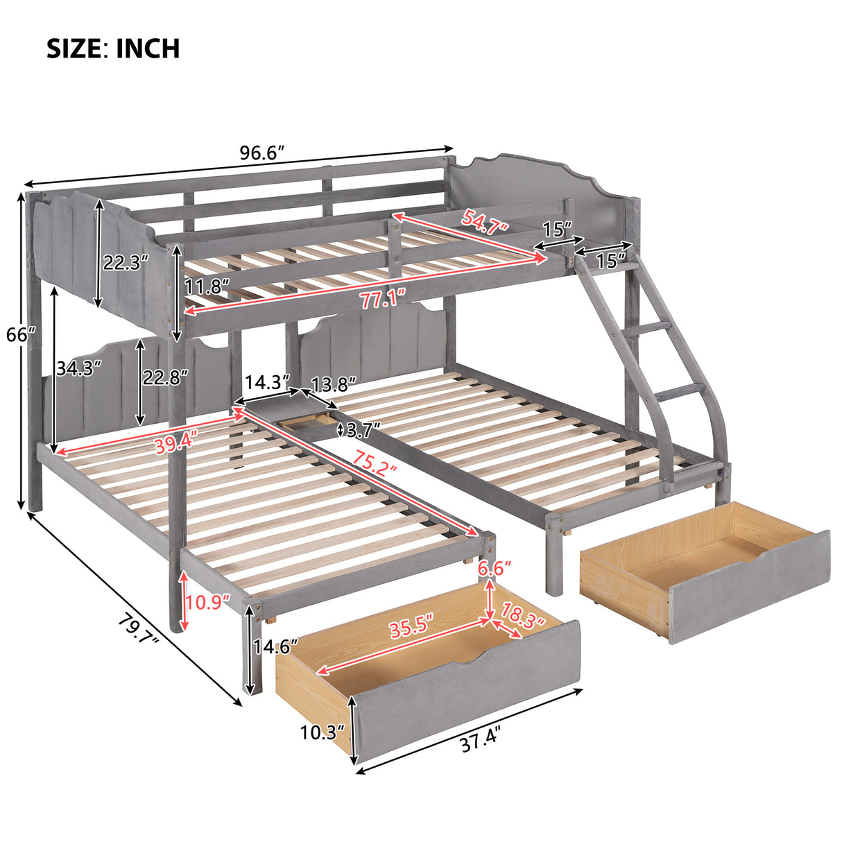 Full Over Twin & Twin Bunk Bed, Velvet Triple Bunk Bed with Drawers and Guardrails, Gray - Home Elegance USA