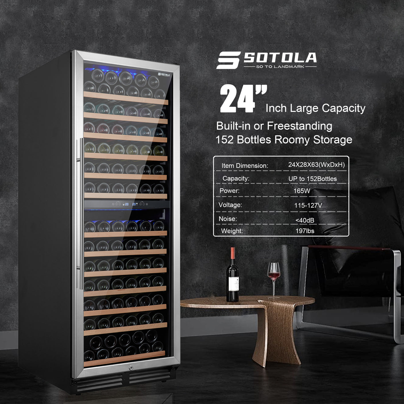 SOTOLA 24 inch Dual Zone Wine Cooler Refrigerator, 152 Bottle Large Capacity Fast Cooling Low Noise, Frost Free Wine Fridge with Digital Temperature Control, Freestanding or Built-in