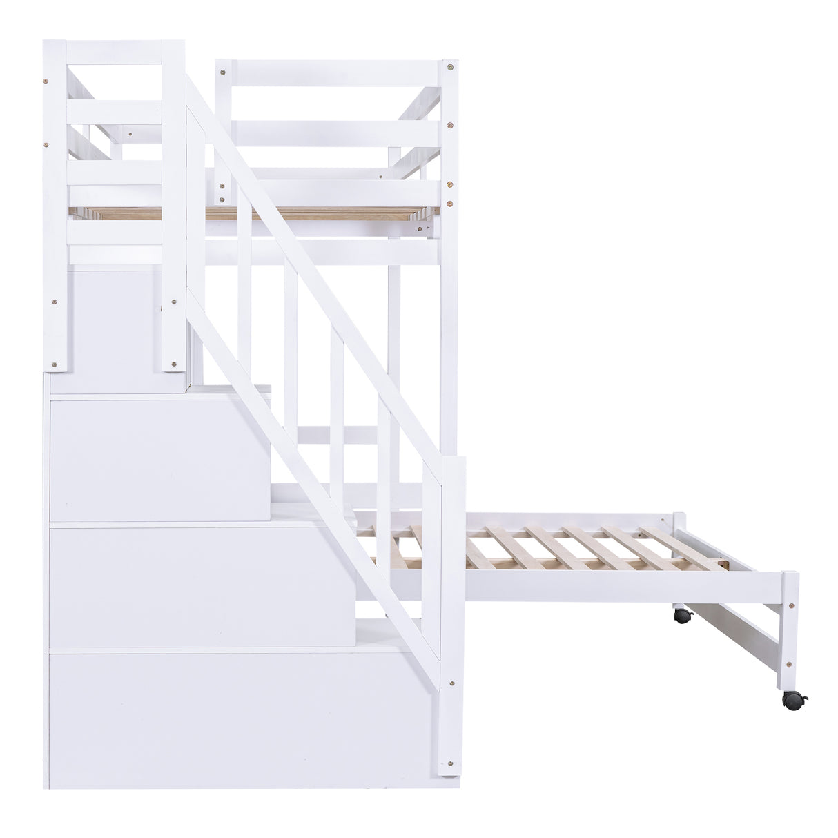 Twin over Full Bunk Bed with Storage Staircase, Desk, Shelves and Hanger for Clothes, White - Home Elegance USA