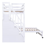 Twin over Full Bunk Bed with Storage Staircase, Desk, Shelves and Hanger for Clothes, White - Home Elegance USA