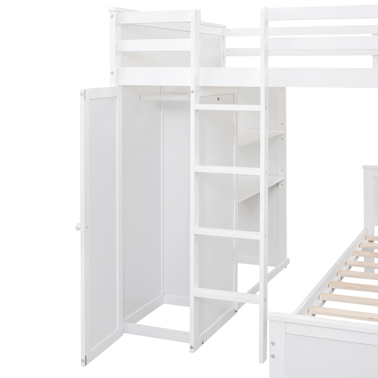 Full size Loft Bed with a twin size Stand-alone bed, Shelves,Desk,and Wardrobe-White - Home Elegance USA