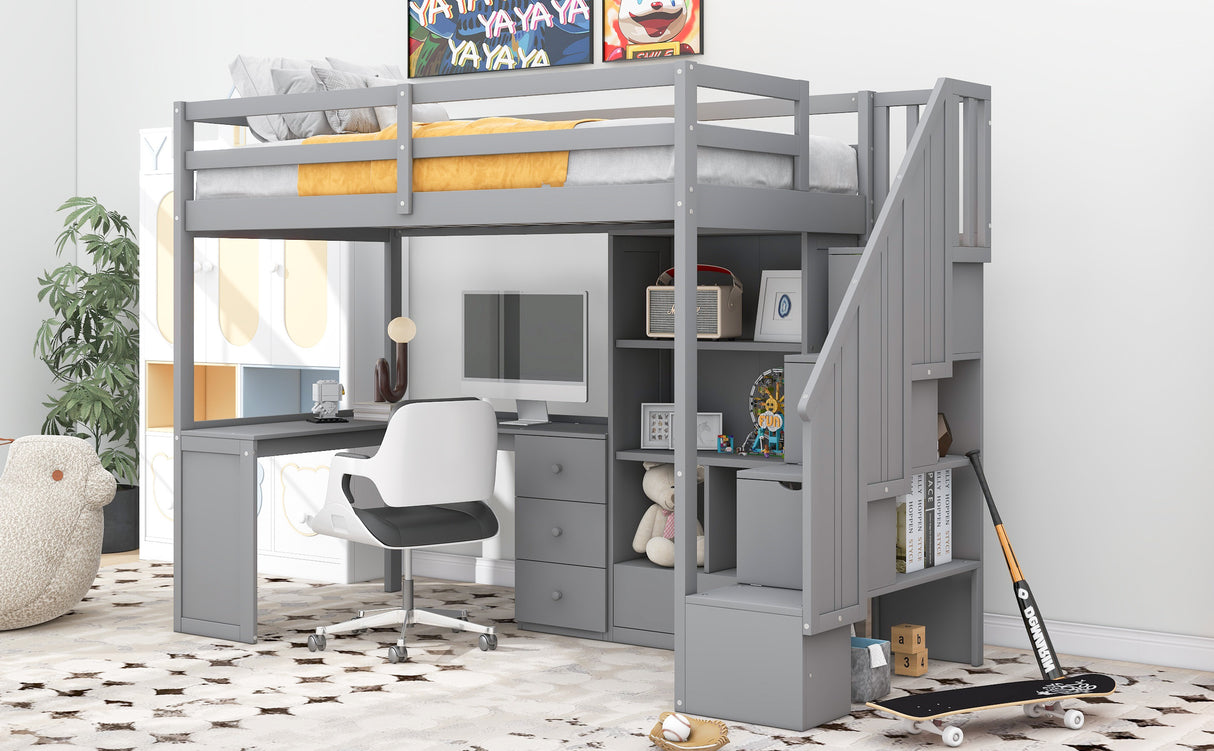 Twin Size Loft Bed with L-Shaped Desk and Drawers, Cabinet and Storage Staircase, Gray - Home Elegance USA