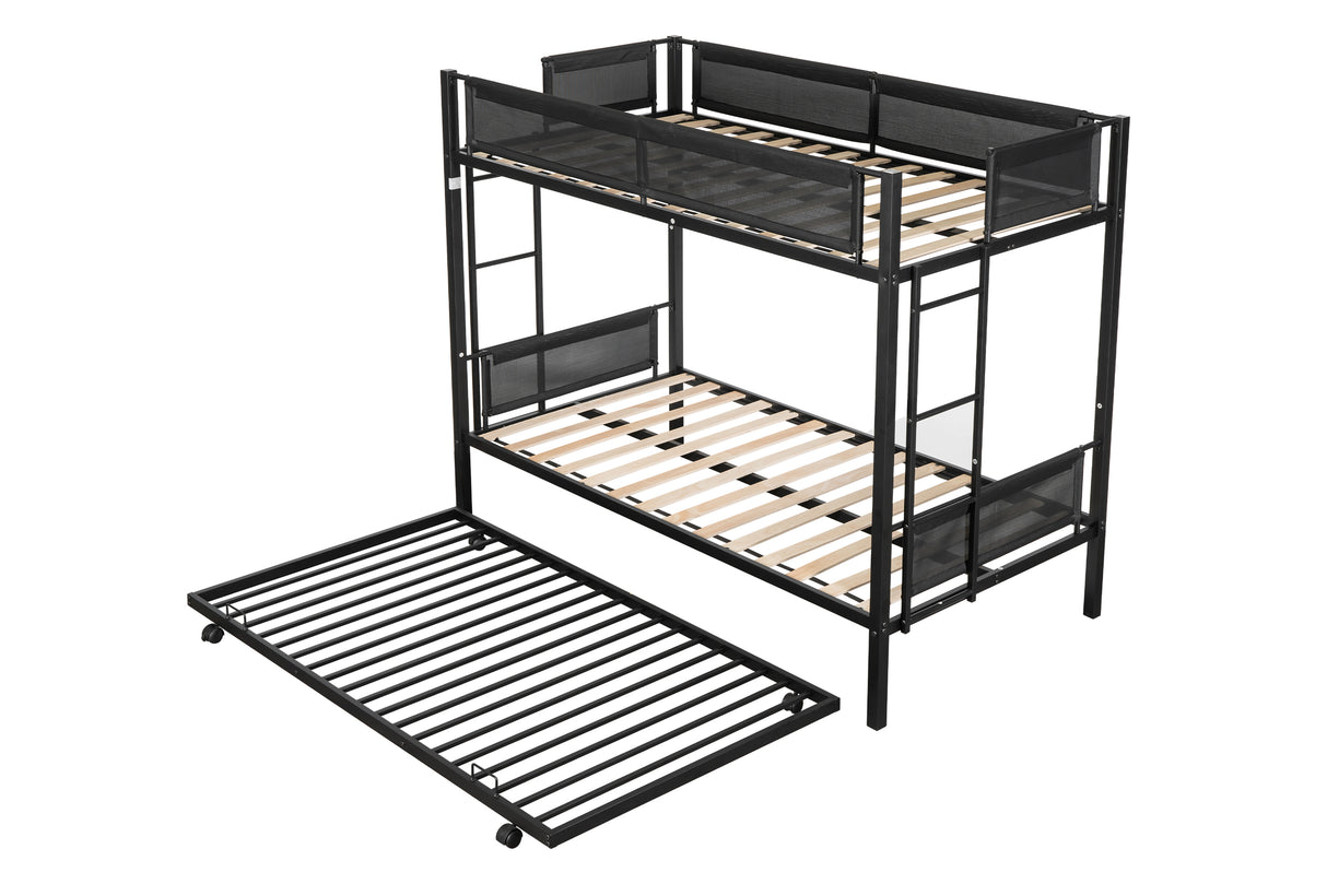 Twin over twin bunk bed with trundle (Wood Slat and Textilene Guardrail) - Home Elegance USA