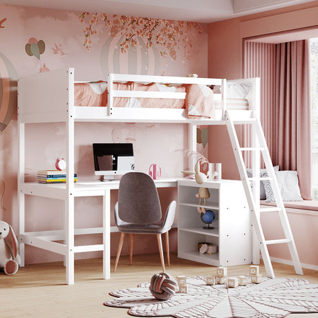 Twin size Loft Bed with Shelves and Desk, Wooden Loft Bed with Desk - White(OLD SKU:LT000537AAK) - Home Elegance USA