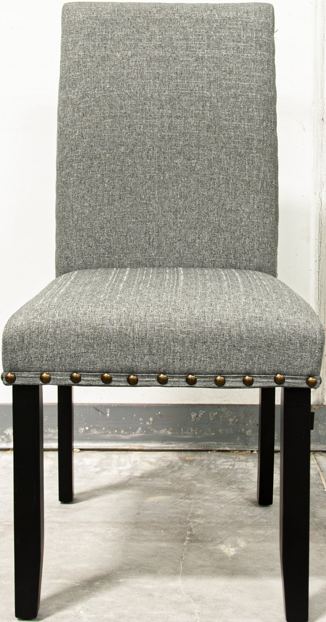 Modern Classic Dining Room Furniture Natural Wooden Rectangle Top Dining Table 6x Side Chairs Gray Fabric Nail heads Trim and Storage Shelve 7pc Dining Set - Home Elegance USA