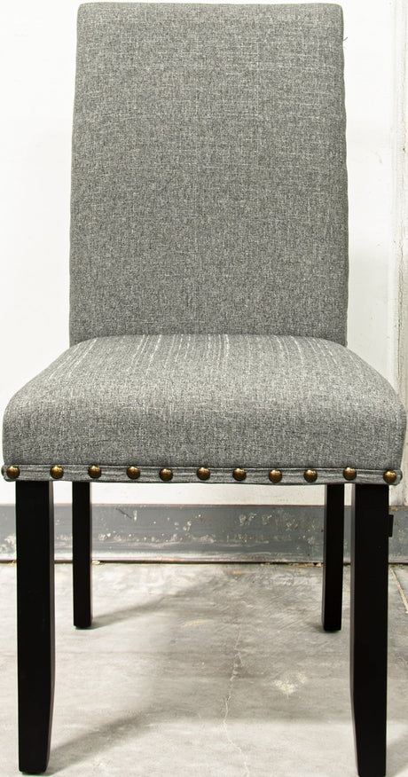 Modern Classic Dining Room Furniture Natural Wooden Rectangle Top Dining Table 6x Side Chairs Gray Fabric Nail heads Trim and Storage Shelve 7pc Dining Set - Home Elegance USA