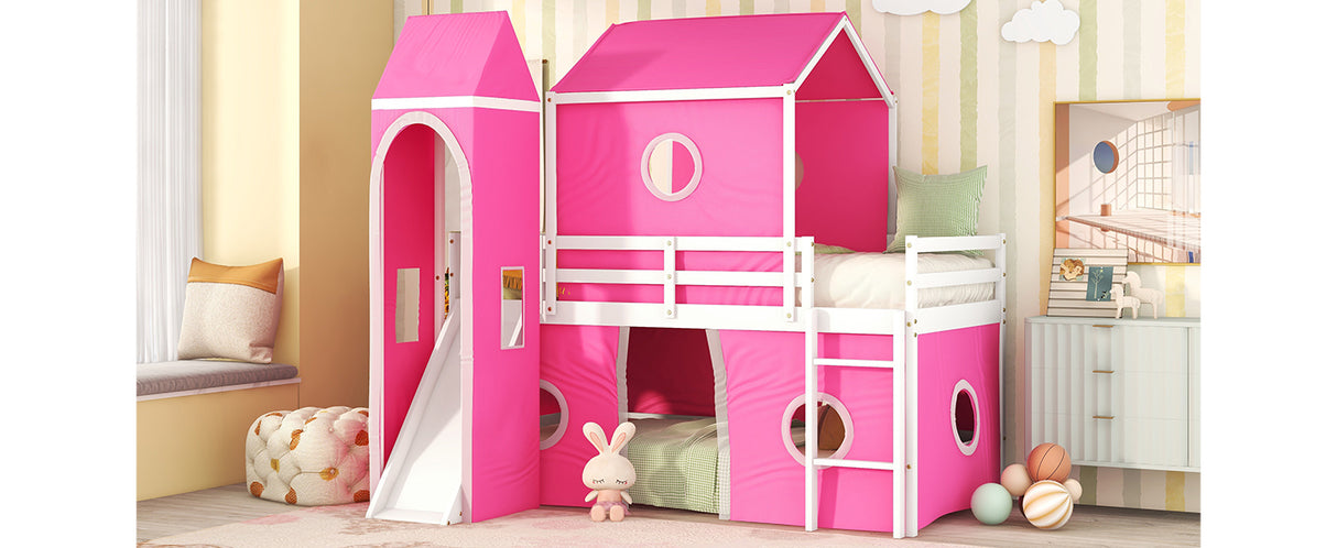 Twin Size Bunk Bed with Slide Pink Tent and Tower - Pink - Home Elegance USA