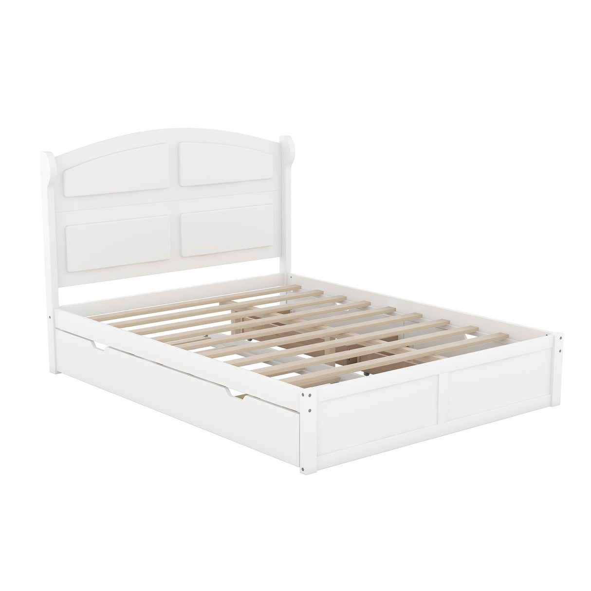 Wood Queen Size Platform Bed with Twin Size Trundle and 2 Drawers, White(Expected Arrival Time: 9.2)