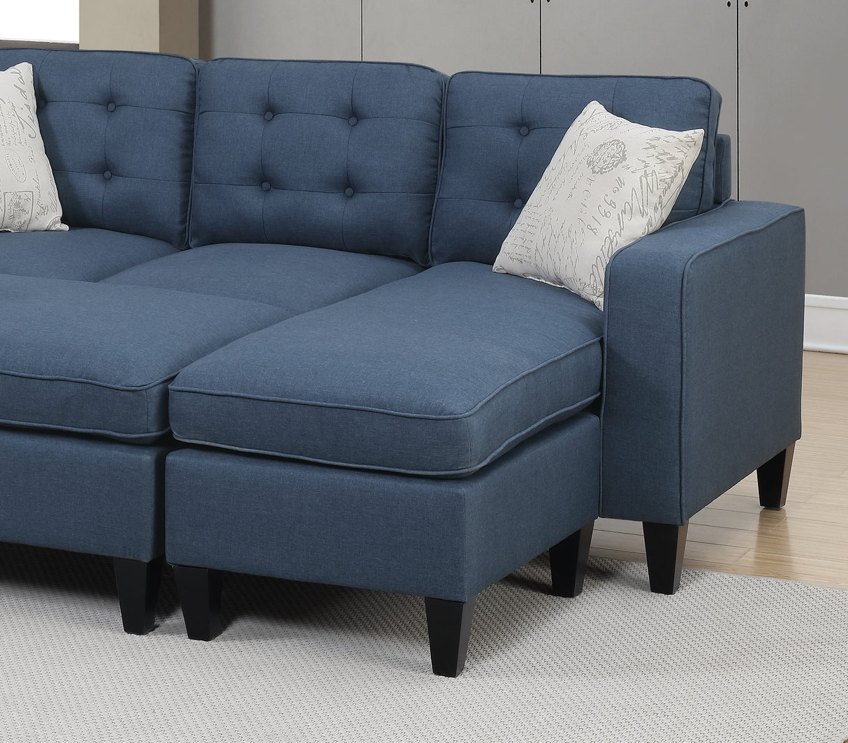 Reversible 3pc Sectional Sofa Set Navy Tufted Polyfiber Wood Legs Chaise Sofa Ottoman Pillows Cushion Couch - Home Elegance USA