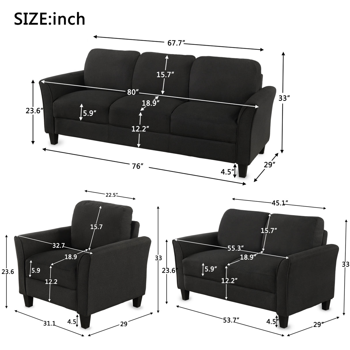 Living Room Sets Furniture Armrest Sofa Single Chair Sofa Loveseat Chair 3-Seat Sofa (ChairLoveseat Chair&3-Seat Sofa, Black) Home Elegance USA