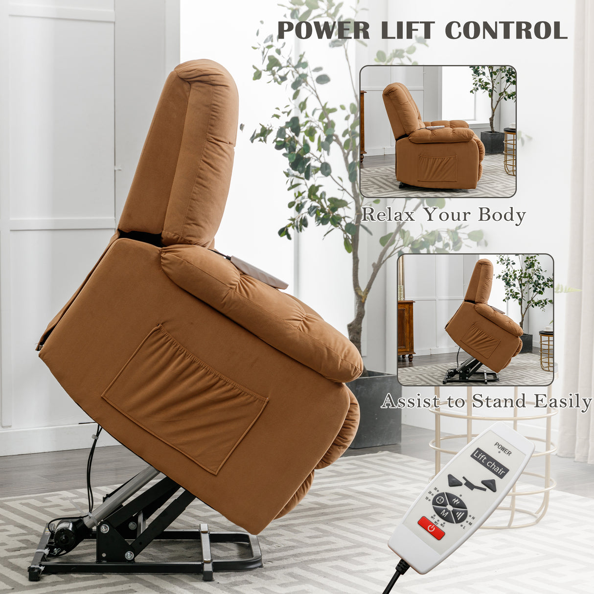 Massage Recliner Chair Electric Power Lift Recliner Chairs with Heat, Vibration, Side Pocket for Living Room, Bedroom, Light Brown Home Elegance USA