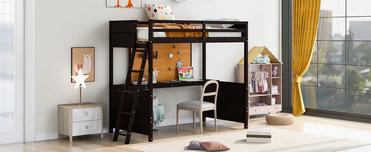 Twin size Loft Bed with Desk and Writing Board, Wooden Loft Bed with Desk - Espresso - Home Elegance USA