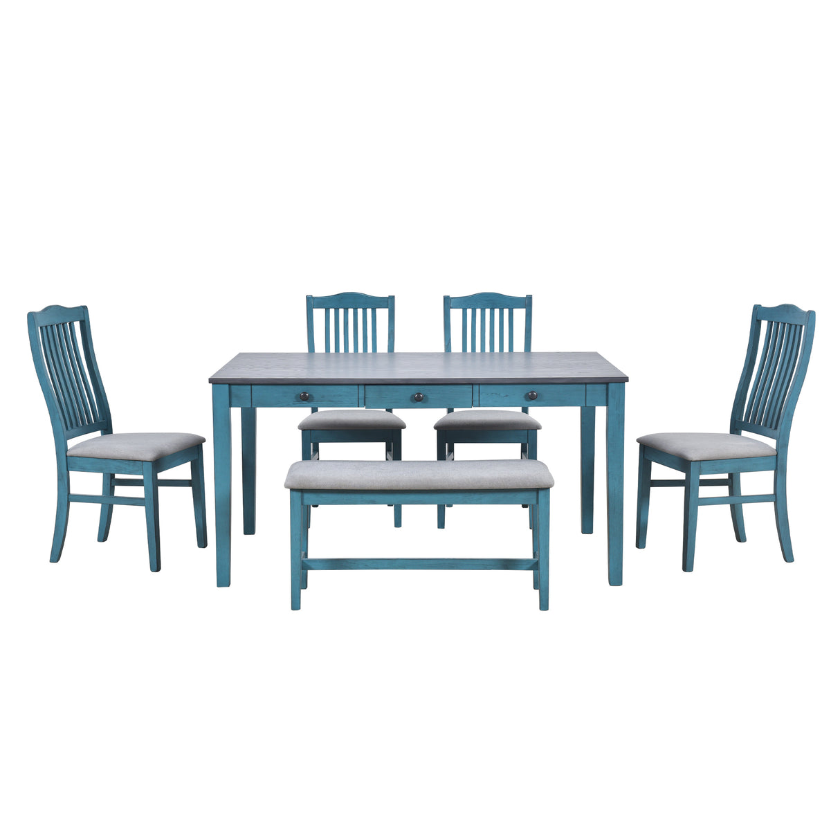 TOPMAX Mid-Century 6-Piece Wood Dining Table Set, Kitchen Table Set with Drawer, Upholstered Chairs and Bench, Antique Blue - Home Elegance USA