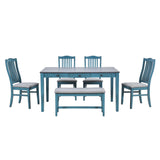 TOPMAX Mid-Century 6-Piece Wood Dining Table Set, Kitchen Table Set with Drawer, Upholstered Chairs and Bench, Antique Blue - Home Elegance USA