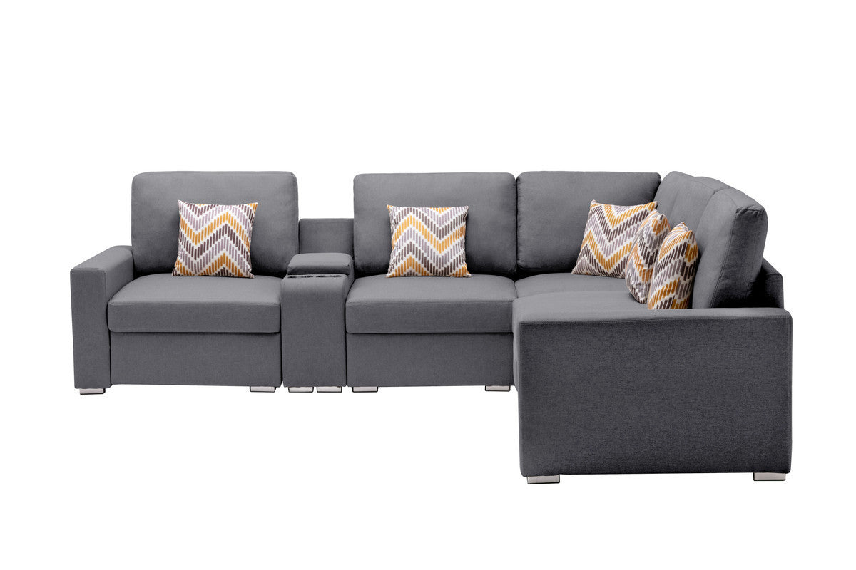 Nolan Gray Linen Fabric 6Pc Reversible Sectional Sofa with a USB, Charging Ports, Cupholders, Storage Console Table and Pillows and Interchangeable Legs - Home Elegance USA