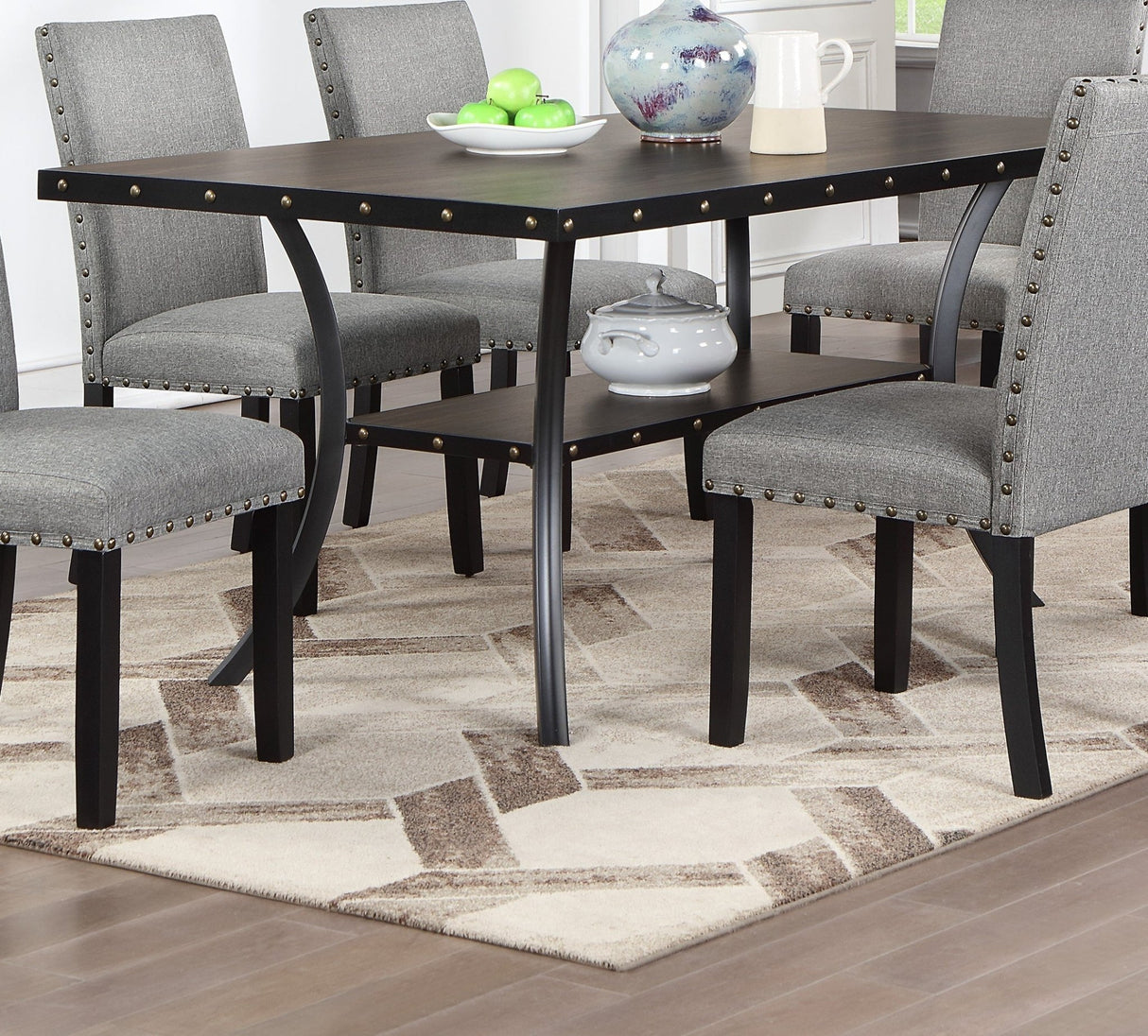 Modern Classic Dining Room Furniture Natural Wooden Rectangle Top Dining Table 6x Side Chairs Gray Fabric Nail heads Trim and Storage Shelve 7pc Dining Set - Home Elegance USA