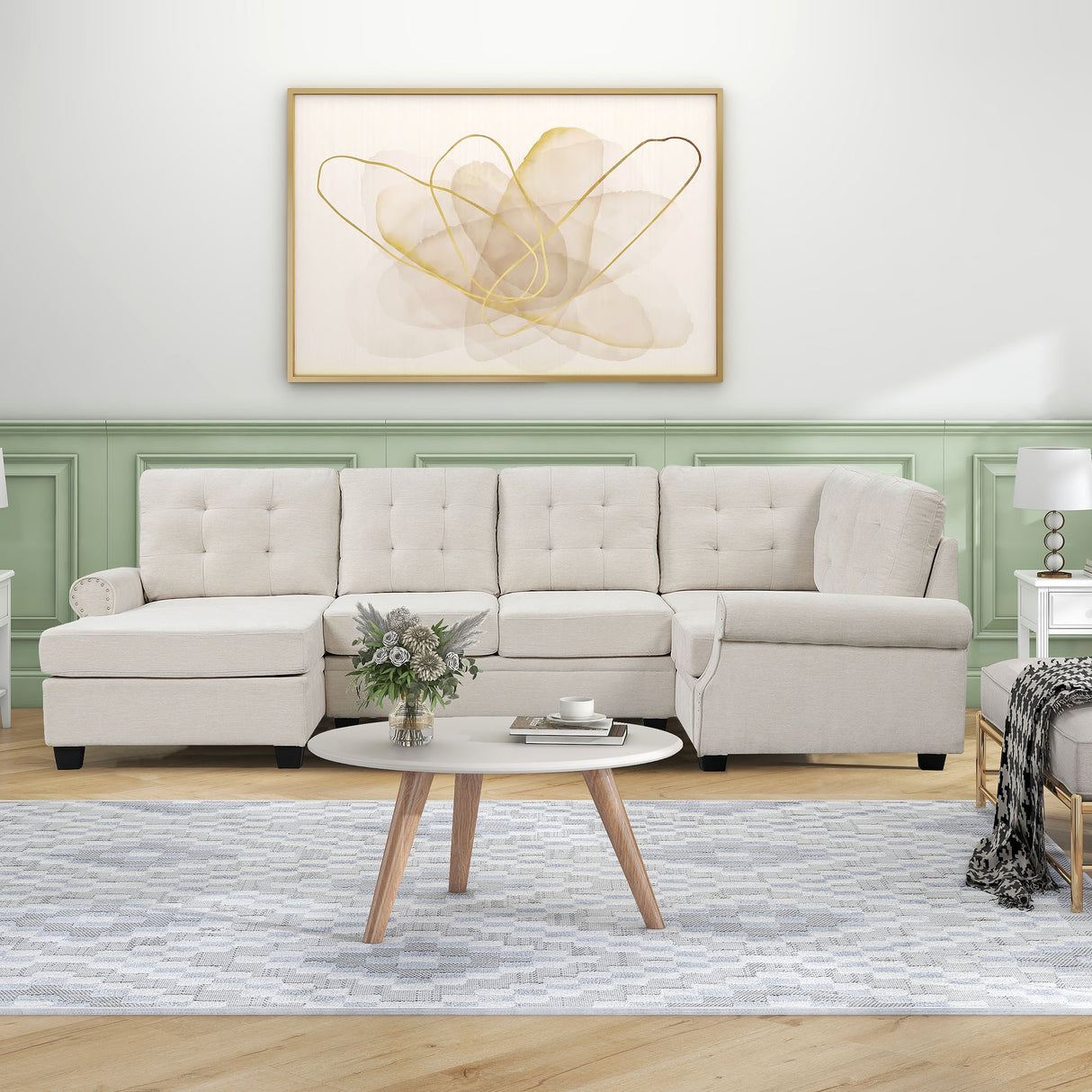 120" Modern U - Shaped Corner Sectional Sofa Upholstered Linen Fabric Sofa Couch for Living Room, Bedroom, Beige - SG001070AAA - image - 1