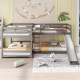 Full and Twin Size L-Shaped Bunk Bed with Slide and Short Ladder,Gray - Home Elegance USA