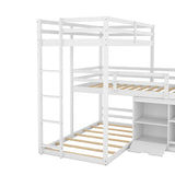 L-shaped Wood Triple Twin Size Bunk Bed with Storage Cabinet and Blackboard, Ladder, White - Home Elegance USA