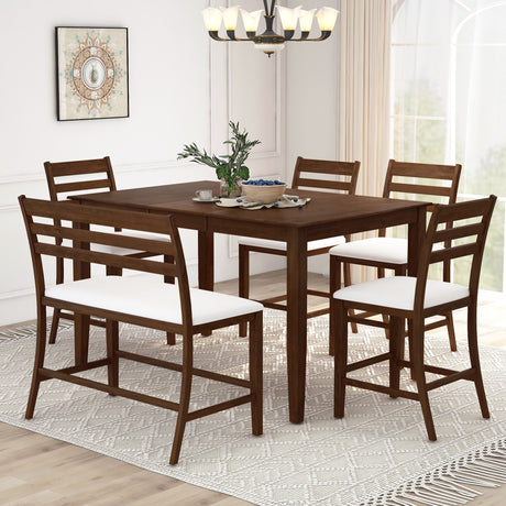 TOPMAX Farmhouse Extendable Counter Height 6-Piece Dining Table Set with Removable Leaf, 4 Dining Chairs and Dining Bench with Back, Brown Walnut+Beige - Home Elegance USA