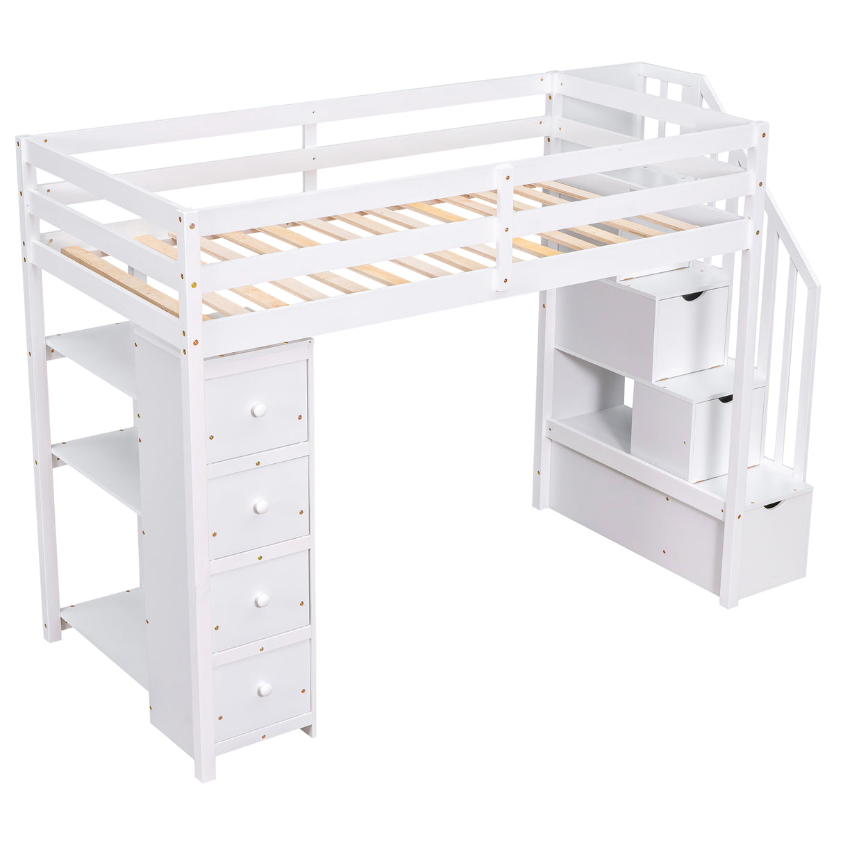Twin size Loft Bed with Storage Drawers and Stairs, Wooden Loft Bed with Shelves - White - Home Elegance USA