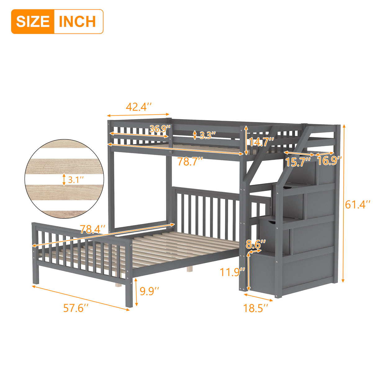 Twin over Full Loft Bed with Staircase,Gray(OLD SKU:SM000107AAE) - Home Elegance USA