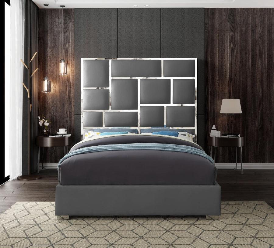 Meridian Furniture - Milan Faux Leather Queen Bed In Grey - Milangrey-Q