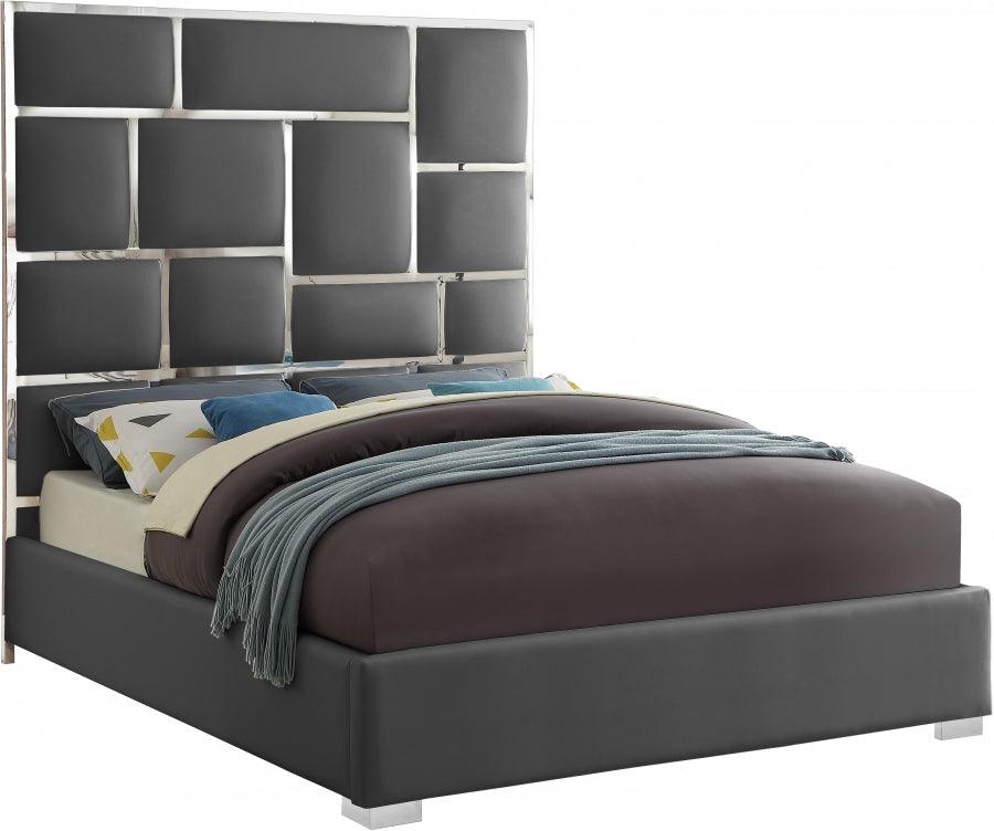 Meridian Furniture - Milan Faux Leather Queen Bed In Grey - Milangrey-Q