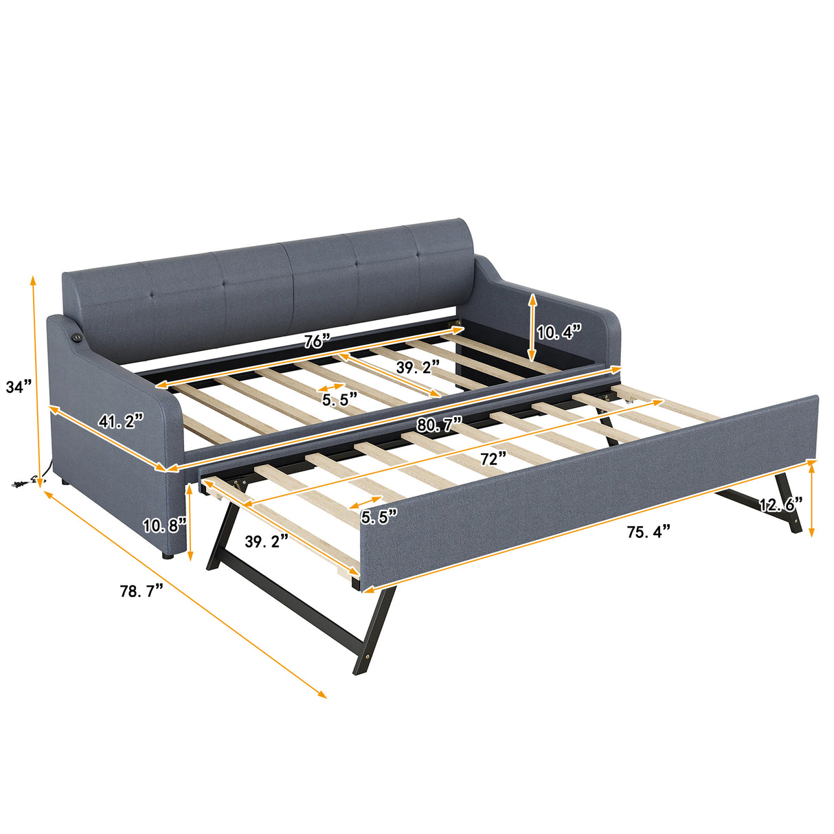 Twin Size Upholstery DayBed with Trundle and USB Charging Design,Trundle can be flat or erected,Gray - Home Elegance USA