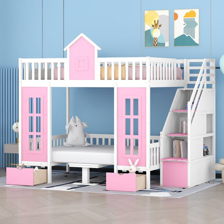 Full-Over-Full Bunk Bed with Changeable Table , Bunk Bed Turn into Upper Bed and Down Desk - Pink - Home Elegance USA