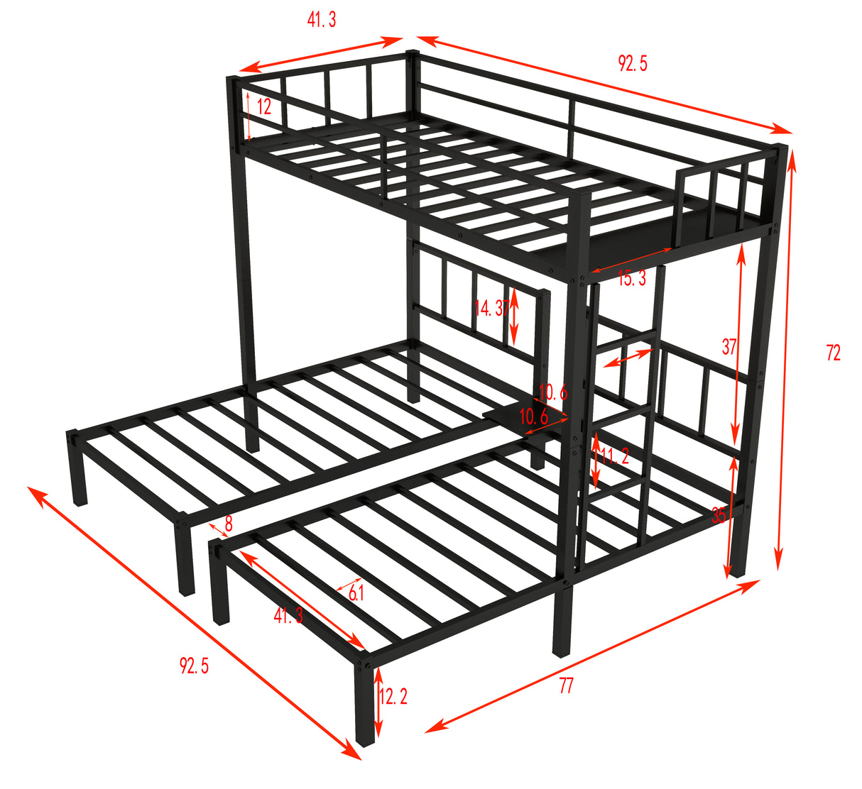 Twin over Twin & Twin Bunk Beds for 3, Twin XL over Twin & Twin Bunk Bed Metal Triple Bunk Bed, Black (Pre-sale date: June 10th) - Home Elegance USA