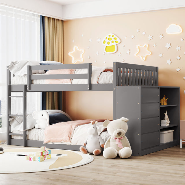 Full over Full Bunk Bed with 4 Drawers and 3 Shelves-Gray - Home Elegance USA