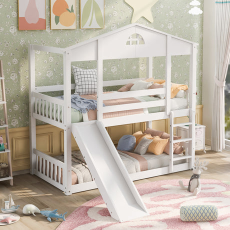 Twin over Twin House Bunk Bed with Convertible Slide and Ladder,Converts into 2 Separate Platform Beds,White - Home Elegance USA