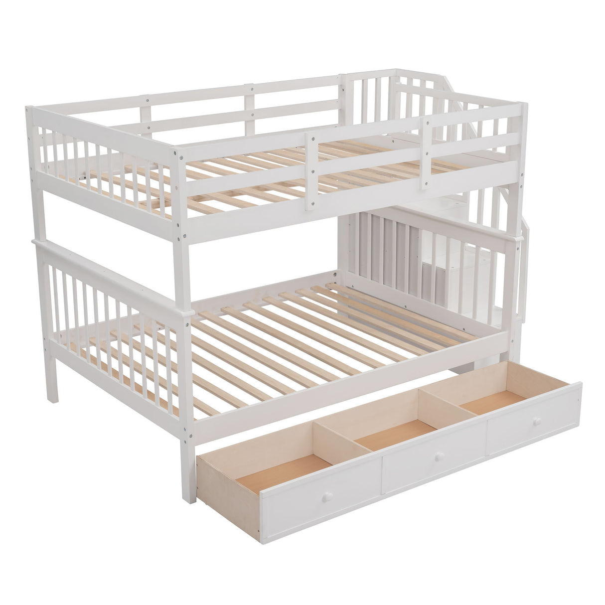 Stairway Full-Over-Full Bunk Bed with Drawer, Storage and Guard Rail for Bedroom, White ( old sku: LP000310AAK ) - Home Elegance USA