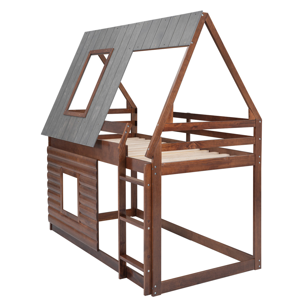 Wood Twin Size House Bunk Bed with Roof, Ladder and 2 Windows, Oak & Smoky Grey(Expected Arrival Time: 8.2) - Home Elegance USA