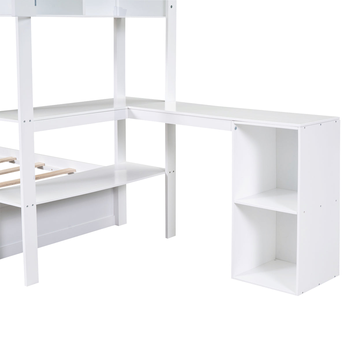 Wood Twin over Full Bunk Bed with Drawers, Shelves, Cabinets, L-shaped Desk and Magazine Holder, White - Home Elegance USA