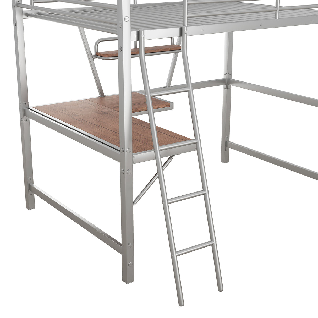 Full Size Loft Metal&MDF Bed with Desk and Shelf, Silver