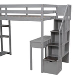 Twin size Loft Bed with Storage Drawers ,Desk and Stairs, Wooden Loft Bed with Shelves - Gray - Home Elegance USA
