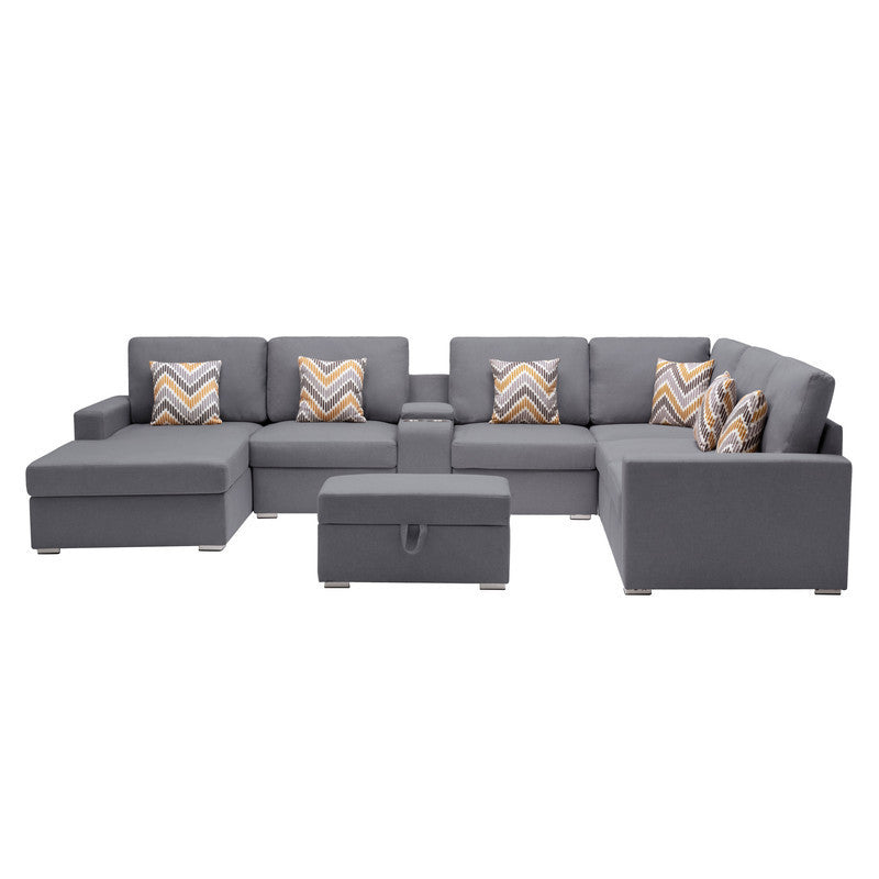 Nolan Gray Linen Fabric 8Pc Reversible Chaise Sectional Sofa with Interchangeable Legs, Pillows, Storage Ottoman, and a USB, Charging Ports, Cupholders, Storage Console Table - Home Elegance USA